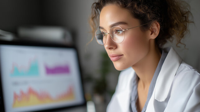 Analyst reviewing tech health graphs, medical breakthrough in data analysis, biotech advancement in market trends, healthcare innovation in financial health, scientific progress in