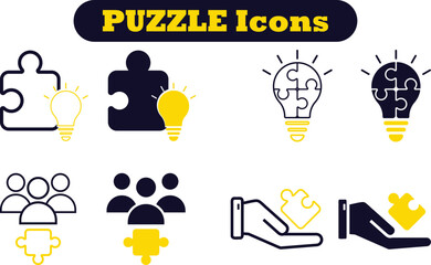 Puzzle and teamwork icon set. Jigsaw, idea, solution etc. Editable stork icons for solution finding, collaboration, integration, ideas, innovation, strategy, and shared goals
