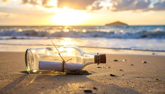 Message in a bottle at sunrise on a beach