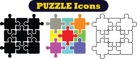Puzzle pieces icons set in different shapes. Puzzles game piece collection in different style. Jigsaw, idea, solution etc. Teamwork Icon Set.