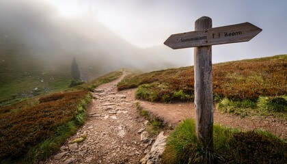 a rustic wooden signpost with an arrow points the way on a foggy mountain path symbolizing a journey choice and navigating the unknown