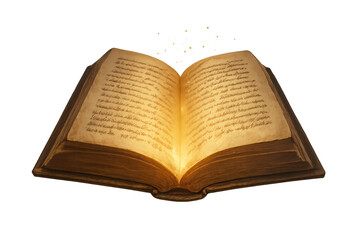 Fototapeta premium Open ancient book glowing with magical light, transparent background