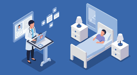 Fototapeta premium Hospital room scene with doctor using digital patient records in isometric style