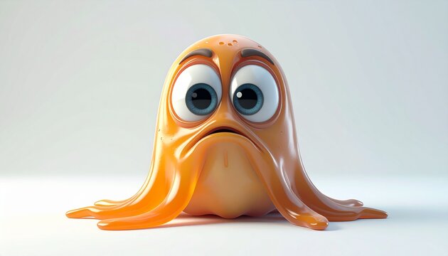 Cartoonish orange character with a sad expression and large blue eyes, standing on a white surface.