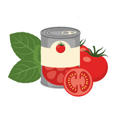 Obraz premium A classic canned food option featuring ripe tomatoes and fresh basil leaves.