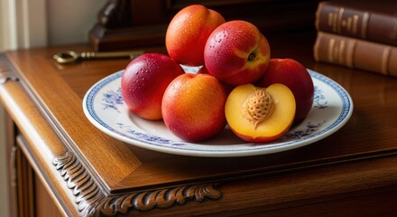 apples, plate, wooden table, books, warm lighting, detailed, photorealistic
