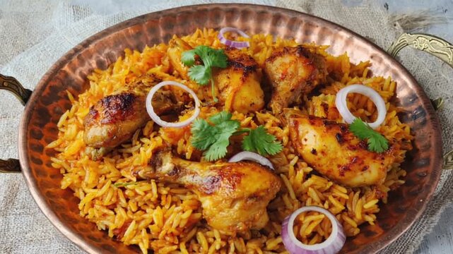 Traditional Arab Food - Chicken Kabsa with Turmeric Rice and Almonds, Served Warm on a Wooden Plate, Desert