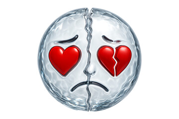 Split Mind. Love and Heartbreak. Duality. An isolated sad emoji brain with a full and broken heart for eyes, as a PNG clip art on a transparent background for a relationship concept.