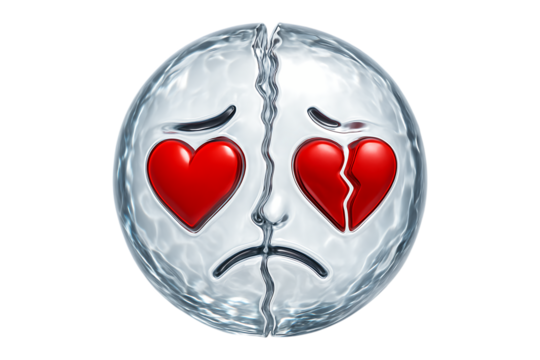 Split Mind. Love and Heartbreak. Duality. An isolated sad emoji brain with a full and broken heart for eyes, as a PNG clip art on a transparent background for a relationship concept.