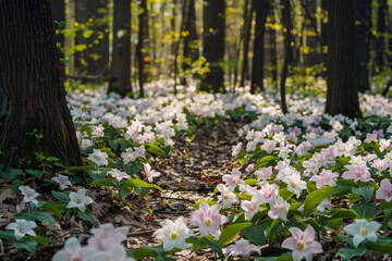 Obraz premium Enchanting forest path carpeted with delicate spring wildflowers under dappled sunlight.