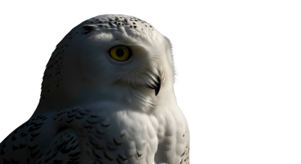 Close up of a majestic snowy owl with piercing yellow eyes isolated on a white background.