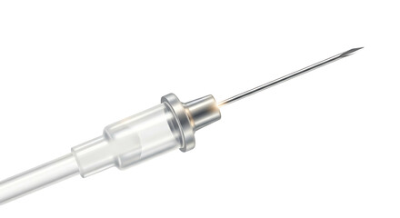 Close up of a sharp medical needle tip on a white background.