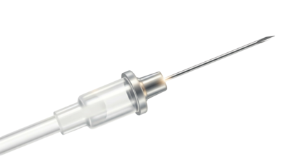 Close up of a sharp medical needle tip on a white background.