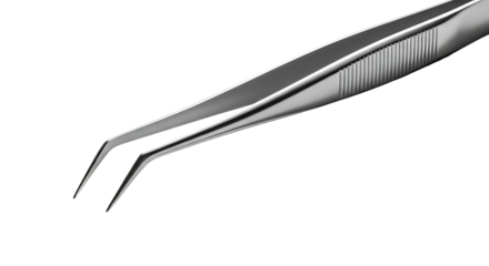 Close up of angled fine point tweezers on white background.