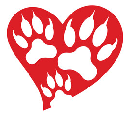 Red Heart Paw Footprints – Animal Love and Pet Care Symbol Vector
