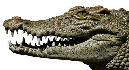 Closeup of a powerful crocodile head with sharp teeth and intense eyes.