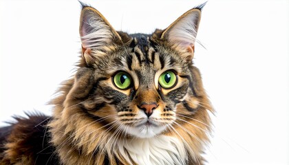 Close-up portrait of a Maine Coon cat with green eyes, brown and black tabby markings, on a white background.