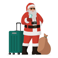 Smiling cool Santa Claus traveling and going on vacation