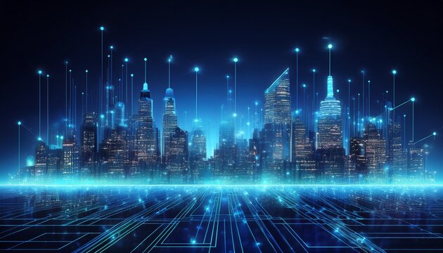 a futuristic city skyline at night illuminated by digital network connections and glowing blue lights