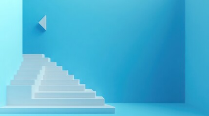 Fototapeta premium White stairs ascending blue wall, minimalist room