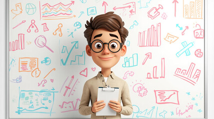 Cartoon Young Man with Glasses Holding Clipboard in Front of Whiteboard with Colorful Business Doodles and Charts