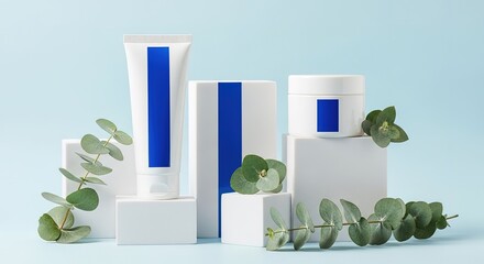 Minimalist Skincare Product Display with Eucalyptus Leaves.