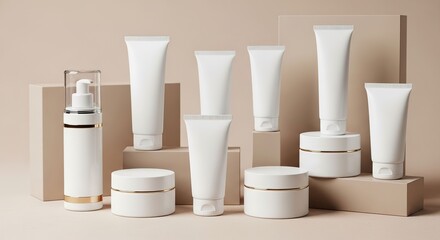 Minimalist Skincare Product Display with Cream Tubes and Jars.
