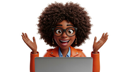 Excited cartoon woman with glasses and afro hair looking at laptop.