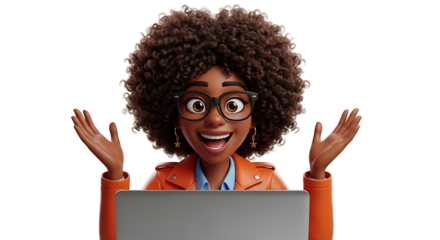 Excited cartoon woman with glasses and afro hair looking at laptop.