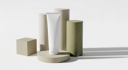 Minimalist skincare product presentation with geometric shapes and shadows.