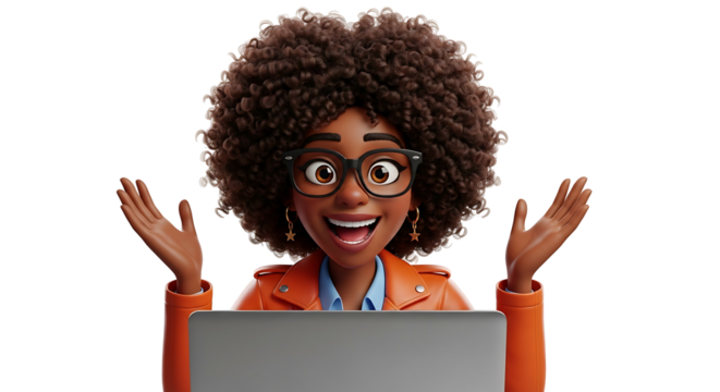 Excited cartoon woman with glasses and afro hair looking at laptop.