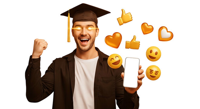 Excited Graduate Sharing Success on Social Media with Phone.