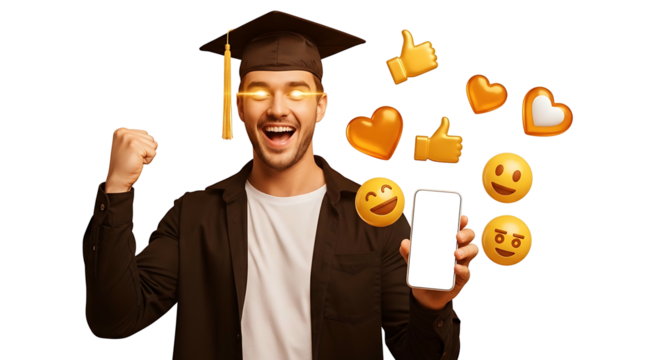 Excited Graduate Sharing Success on Social Media with Phone.