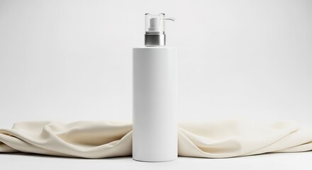 Minimalist Skincare - White Bottle with Dispenser on Soft Fabric.