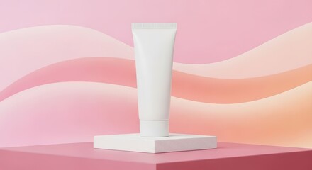 Minimalist Skincare - White Tube on Pink Abstract Background for Product Presentation.