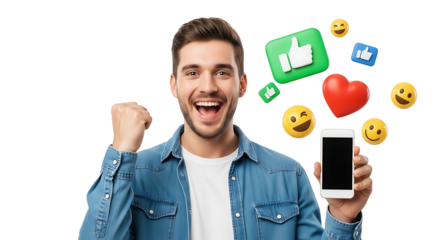 Excited man holding smartphone with social media icons.