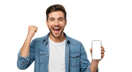 Excited man showing phone screen celebrating success with fist raised.