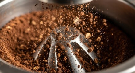 a close-up shot of a metal spoon stirring ground coffee beans in a metal bowl, light reflecting off the surface, macro view, soft focus, dramatic lighting, high contrast, chiaroscuro, detailed texture