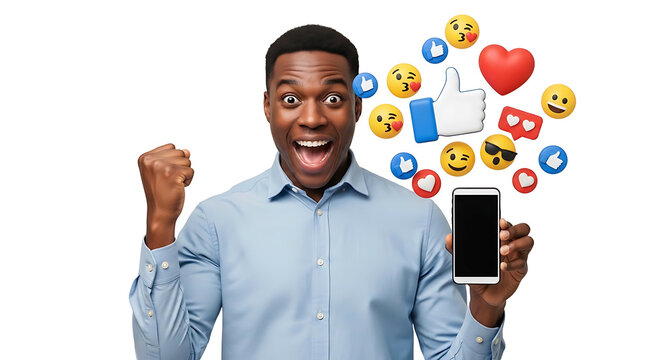 Excited man holding phone with social media icons 1.