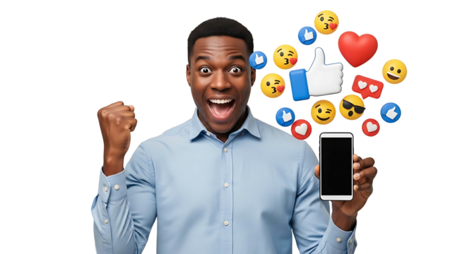 Excited man holding phone with social media icons 1.