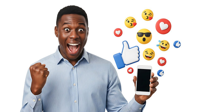 Excited Man Holding Phone With Social Media Icons.