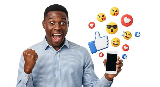 Excited Man Holding Phone With Social Media Icons.