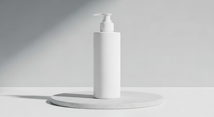 Minimalist White Pump Bottle on a Round Stone.