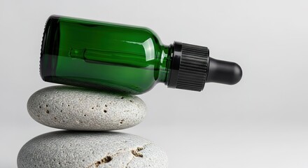 Natural Skincare Serum Bottle Balanced on Zen Stones.