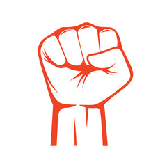 Red clenched fist raised in protest or solidarity against white background hand
