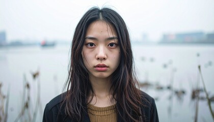 Environmental Reportage Portrait: Young Woman's Quiet Expression of Inner Anxiety from Environmental Stress
