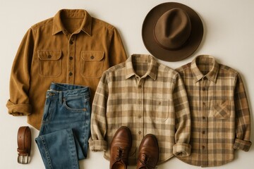A flat lay of vintage clothing items arranged stylishly, including shirts, denim, and accessories, natural light, clean background, fashion coordination image.