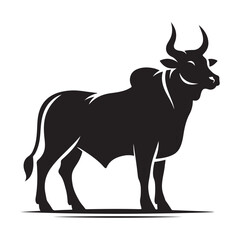 Silhouette of a majestic bull with prominent horns standing on a grassy field
