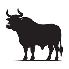 Silhouette of a majestic bull with prominent horns standing on a grassy field