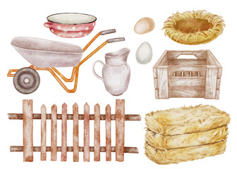 Watercolor illustration set rustic farm elements: hay bales crate fence eggs nest pitcher enamel bowl and wheelbarrow in soft earthy tones. for packaging, textiles childrens books and eco branding.